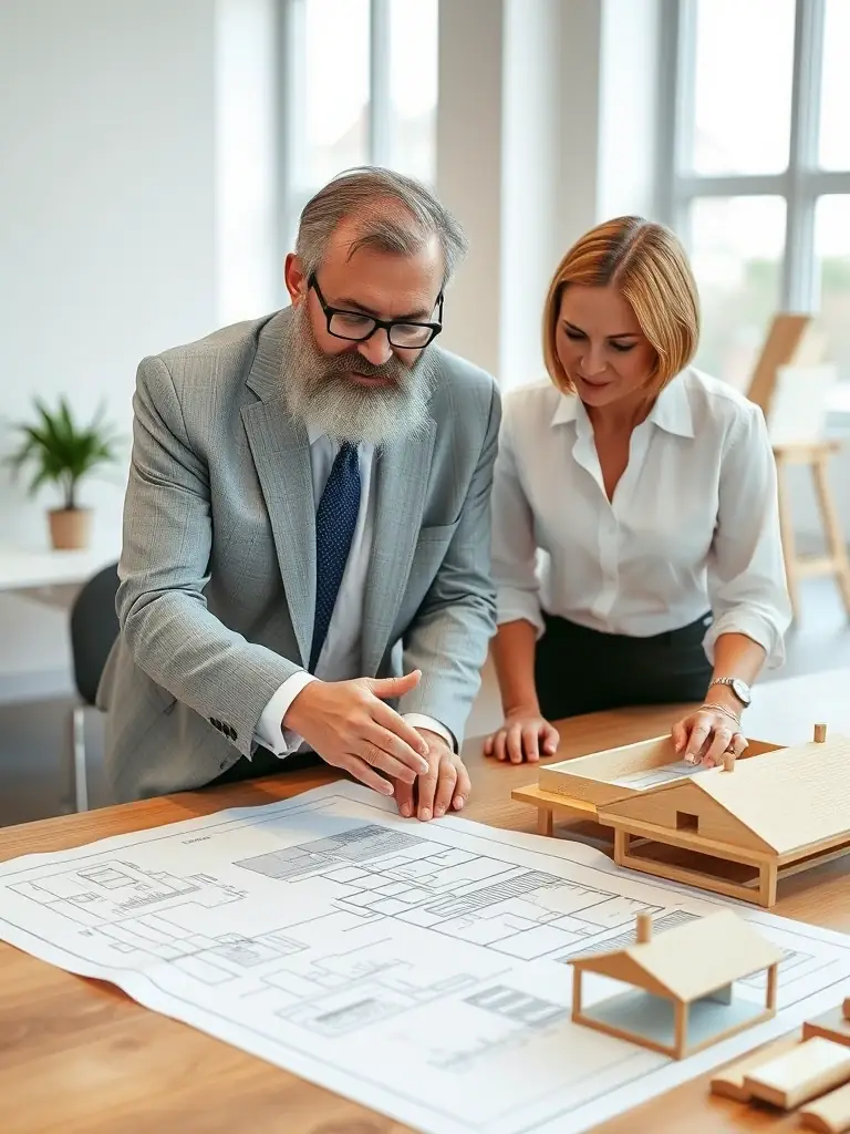 A faith leader and a Faith Based Collective consultant reviewing architectural plans for a facility transformation project, emphasizing the partnership approach.