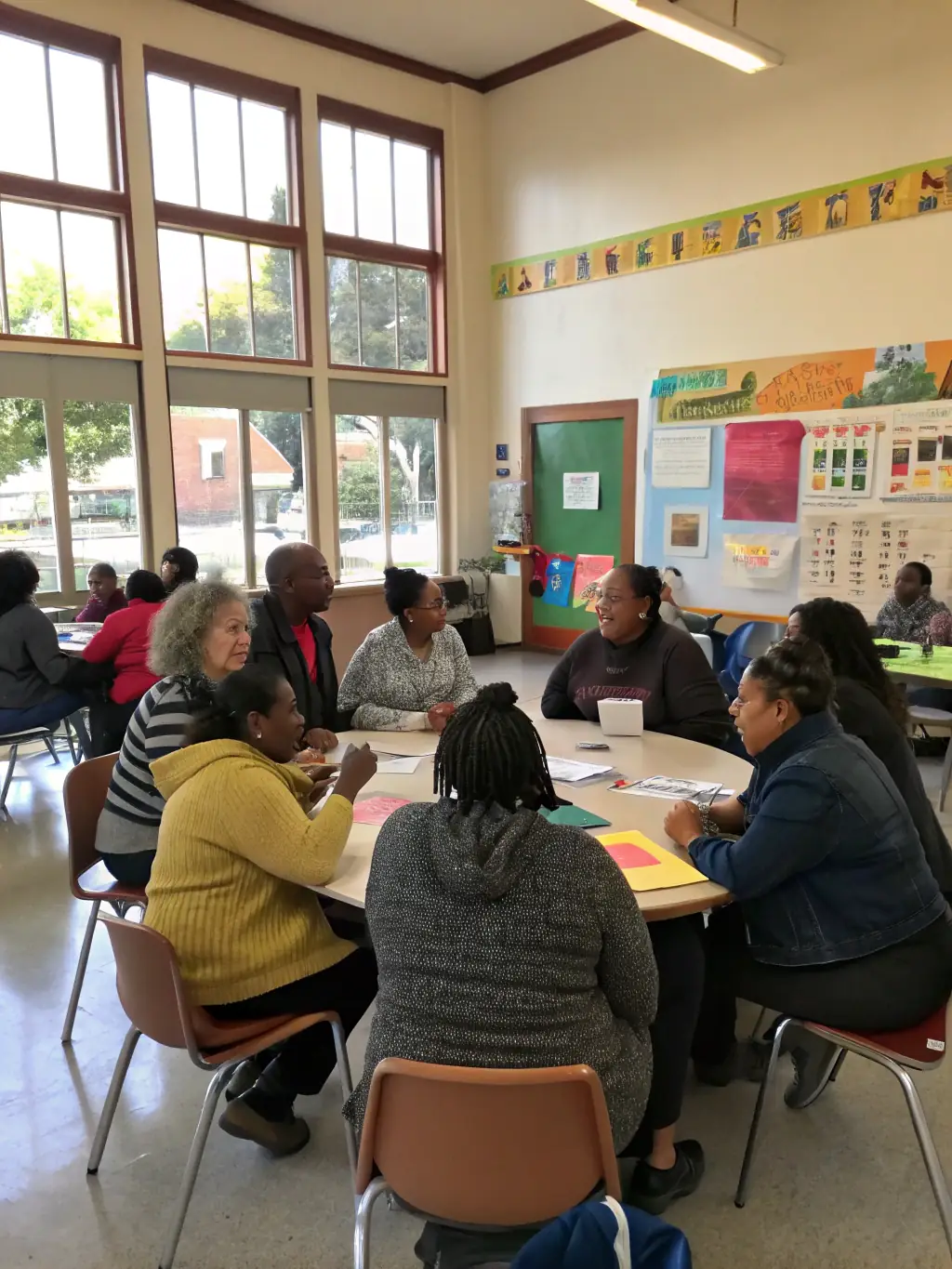 A group of adults participating in a career readiness workshop at a Faith Based Collective community hub, focusing on skills development and economic empowerment.