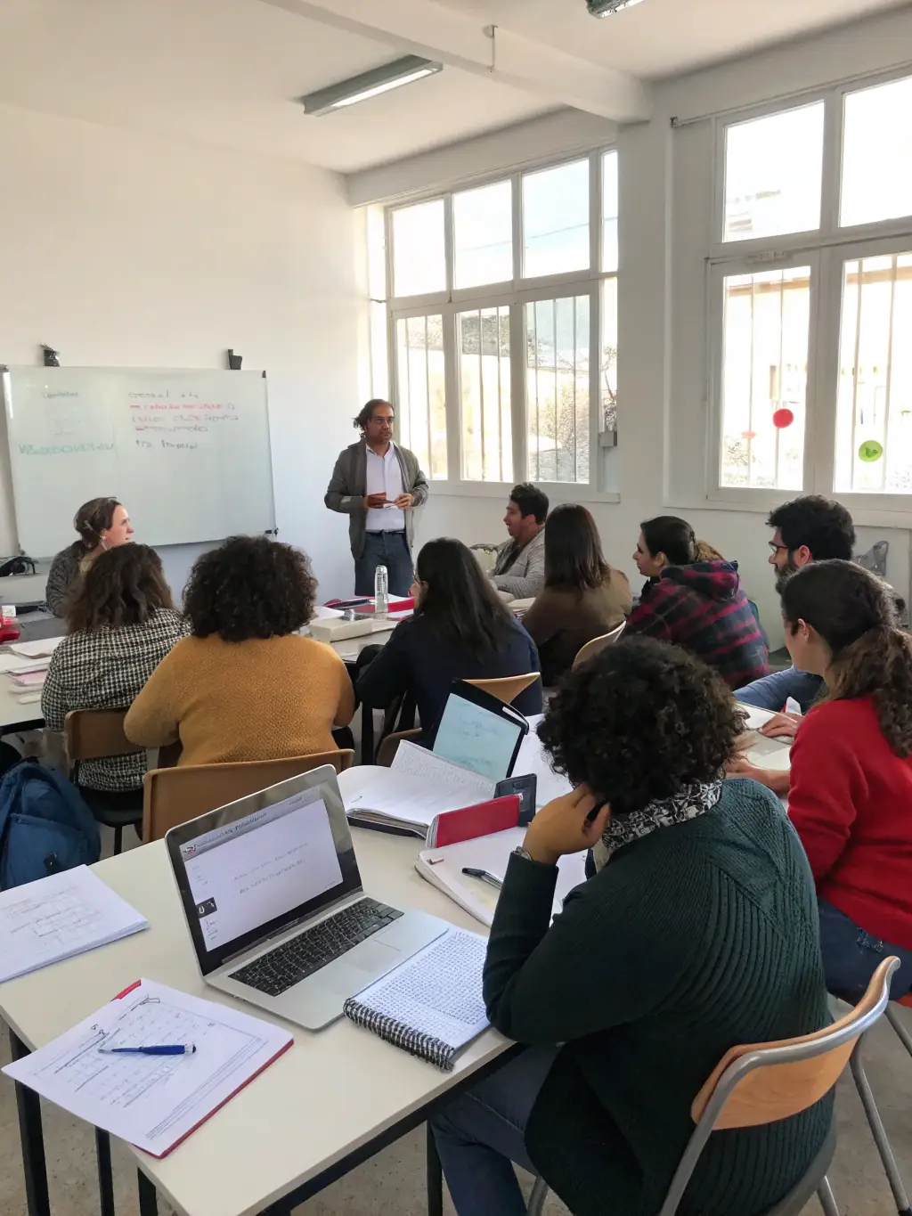 A diverse group of community members participating in a workshop inside a renovated community hub, showcasing collaboration and engagement.