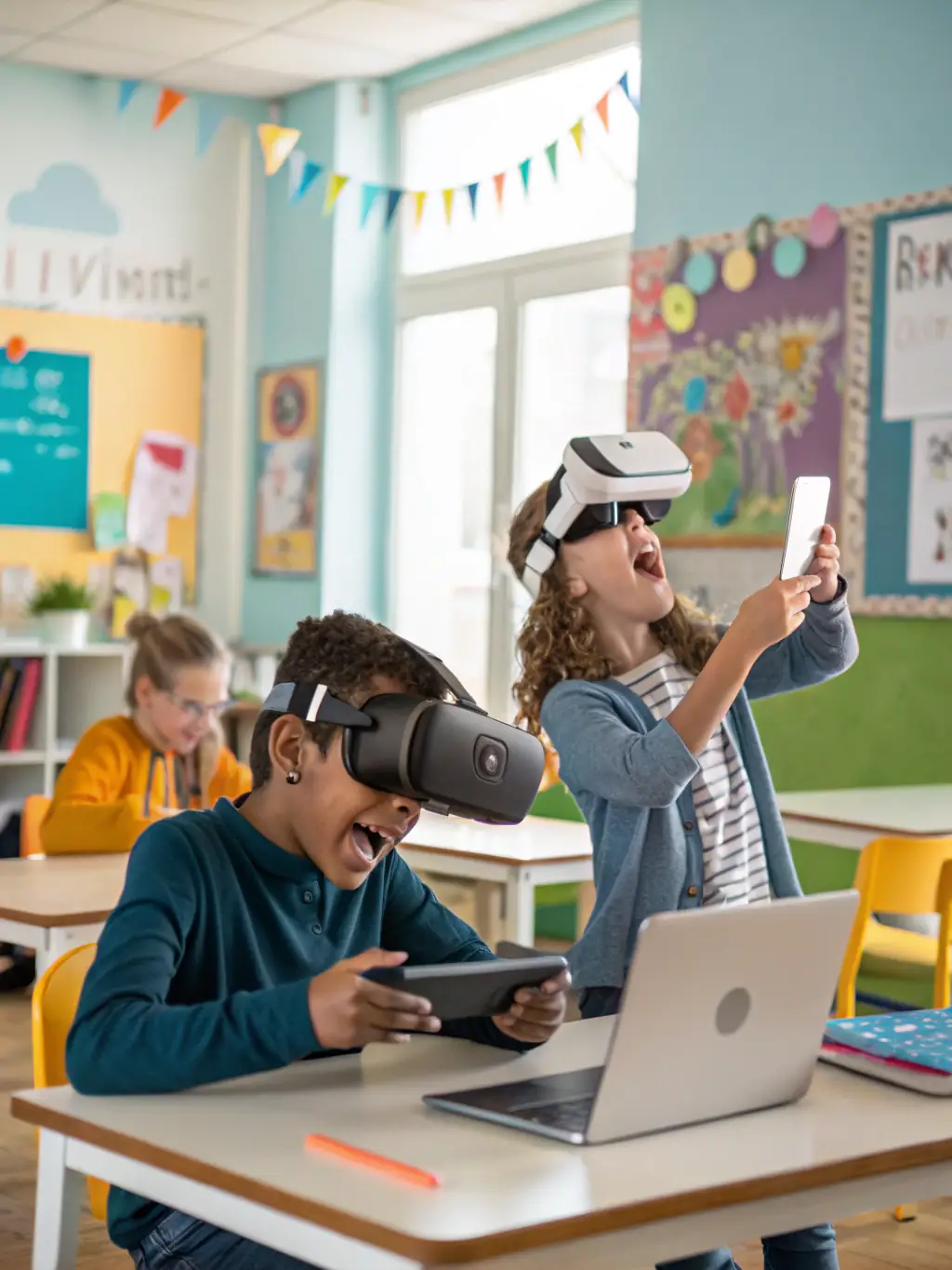 Students using VR headsets to explore a virtual smart city, interacting with digital models of infrastructure and sustainable technologies.