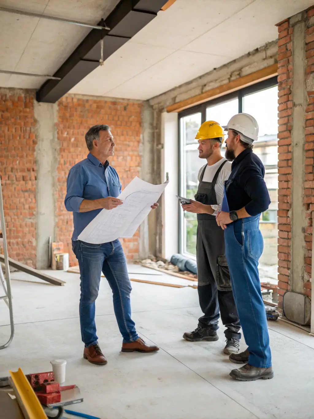 A faith leader and a construction manager reviewing architectural plans for a community hub renovation project, emphasizing partnership and planning.